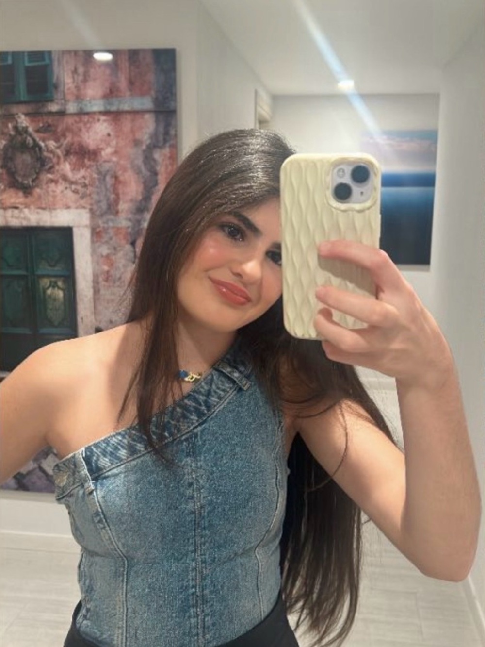 Zara Light Blue Denim One-Shoulder Top